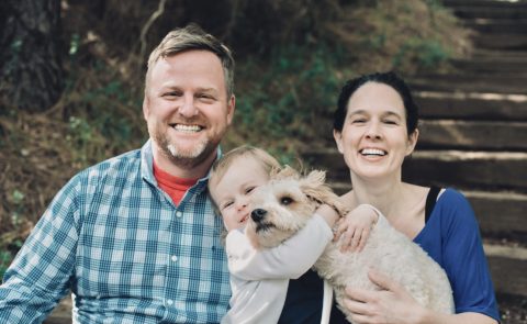 Chad Bernard, pictured with wife Melinda, daughter Adelaide, & dog Gus.